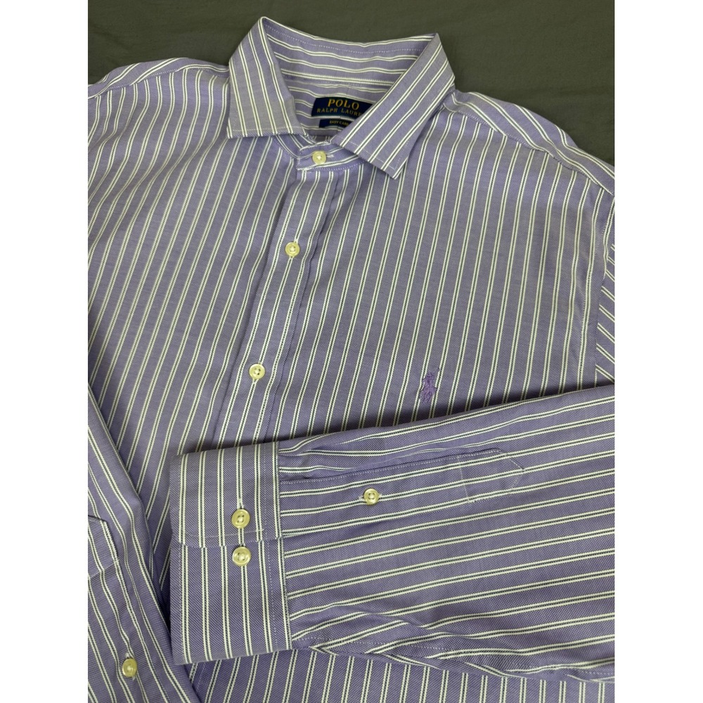 Polo Ralph Lauren Mens 18‎ 34/35 Easy Care Striped Button Up Shirt Purple White